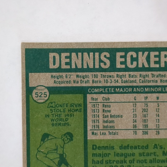 1977 TOPPS #525 DENNIS ECKERSLEY CLEVELAND INDIANS BASEBALL CARD - Picture 7 of 10
